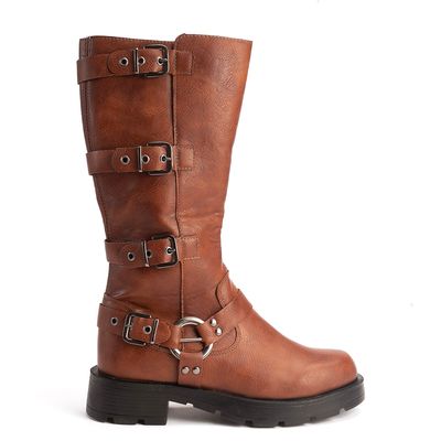 Bota Biker Feminina Cano Alto Detalhe Fivelas Lateral Lessa Marrom