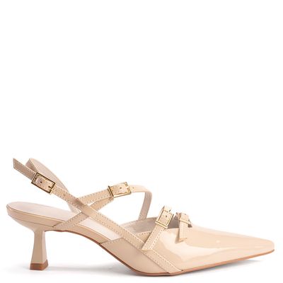 Scarpin Slingback Feminino Bico Fino Tiras Finas com Fivelas Siena Off White