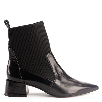 Bota Feminina Couro Salto Bloco Detalhe Tecido Knit Monaco Preto