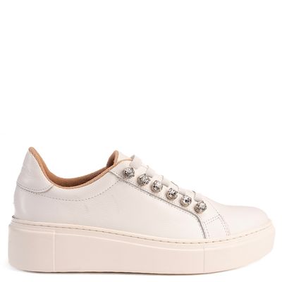 Tenis Feminino Couro Enfeite Pedras Kicks Branco