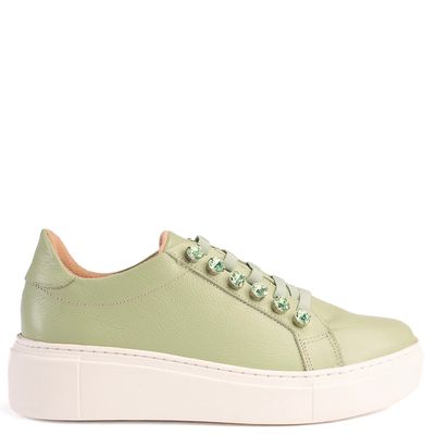 Tenis Feminino Couro Enfeite Pedras Kicks Verde